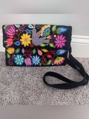 Beyond Threads Wool Brightly Colored Embroidered Black Crossbody Bag